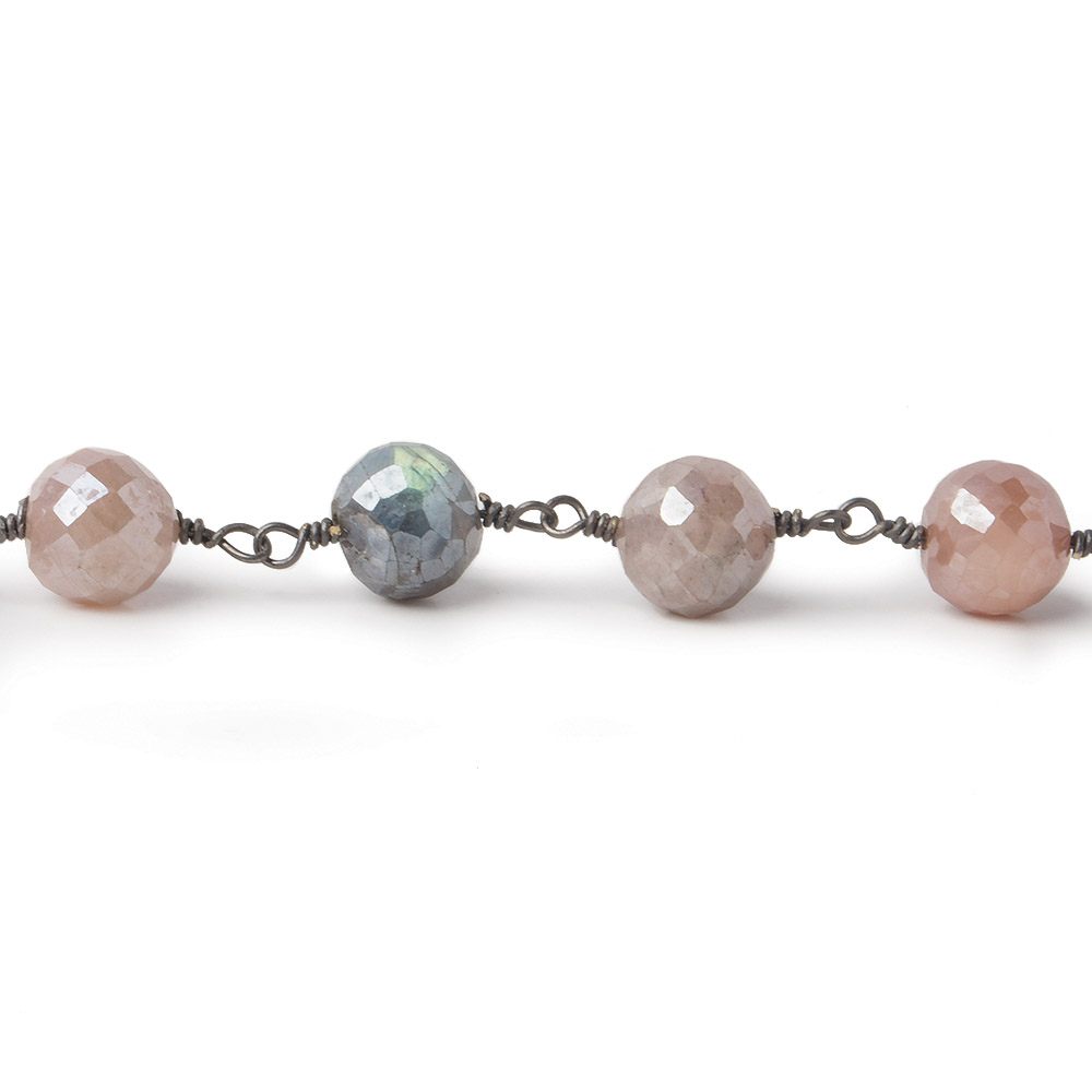 7.5mm Mystic Grey & Peach Moonstone faceted round Black Gold plated Chain by the foot 22 pcs (ONLINE ORDER ONLY)
