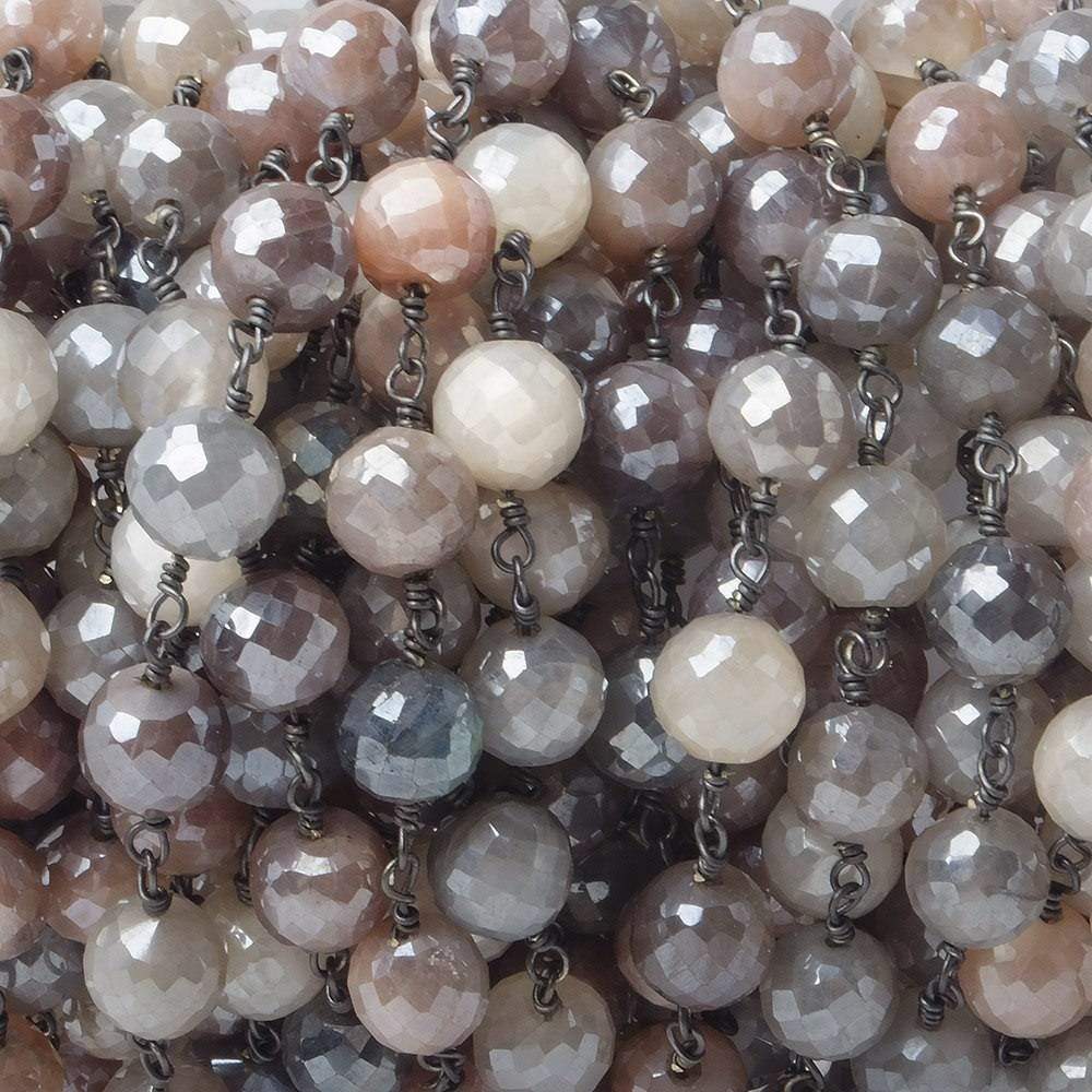 7.5mm Mystic Grey & Peach Moonstone faceted round Black Gold plated Chain by the foot 22 pcs (ONLINE ORDER ONLY)