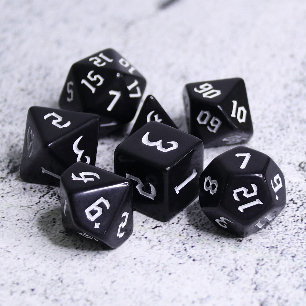 Economy Black Dice (White font) 7-Dice Set RPG DND (Online Only)