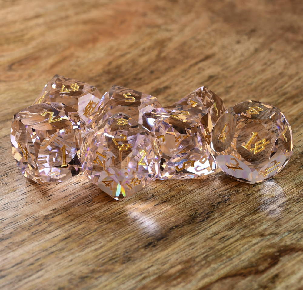 Baby Pink Topaz Multifaceted Glass Dice Set (ONLINE ORDER ONLY)