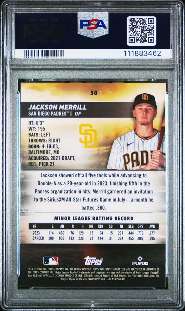 Graded 2024 Topps Stadium Club Jackson Merrill #50 Chrome Rookie RC Baseball Card PSA 10 Gem Mint (ONLINE ORDER ONLY)