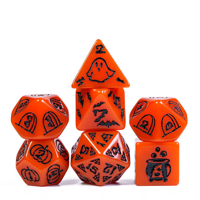 Halloween Orange w/Black | Pumpkin/Ghost/Bat/Cauldron 7-Dice Set DND (Online Only)
