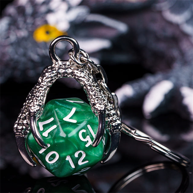 Claw Green D20 Keychain Featuring Silver Metal Dragon Claw + d20 (Online Only)