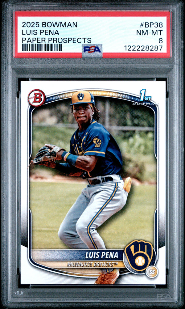 Graded 2025 Topps Bowman Luis Pena #BP38 Paper Prospects Rookie RC Baseball Card PSA 8 Near Mint (ONLINE ORDER ONLY)