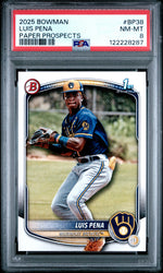 Graded 2025 Topps Bowman Luis Pena #BP38 Paper Prospects Rookie RC Baseball Card PSA 8 Near Mint (ONLINE ORDER ONLY)
