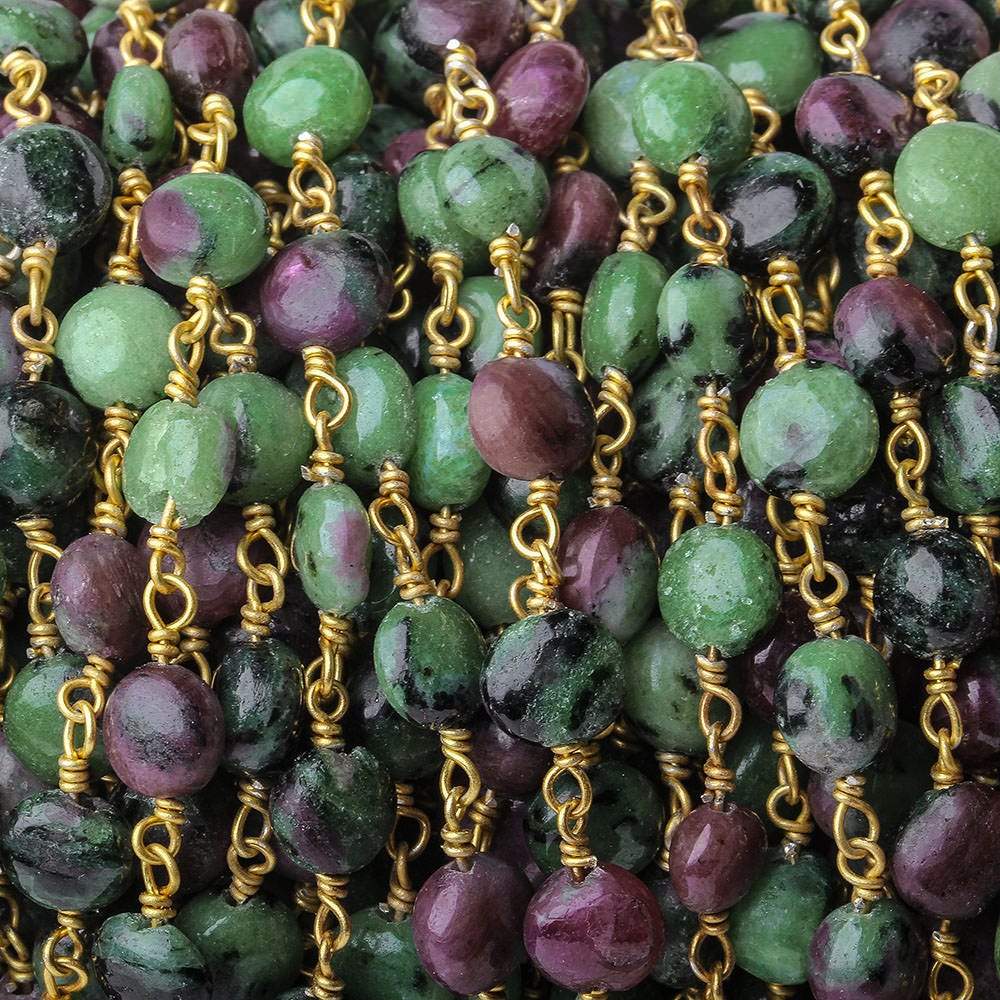 7mm Ruby in Zoisite plain coin Vermeil Chain by the foot