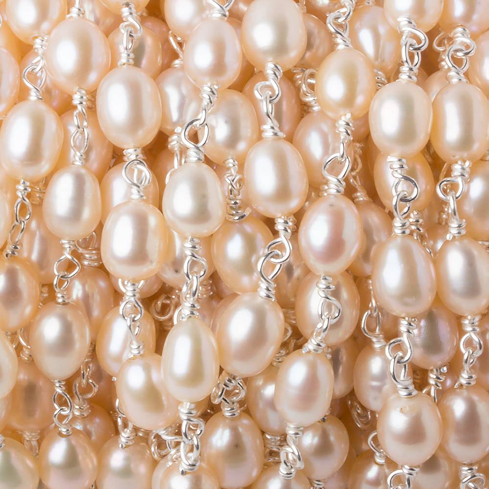 7x5mm Salmon Pink Oval Freshwater Pearl .925 Silver Chain by the foot 25 pearls (ONLINE ORDER ONLY)