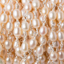 7x5mm Salmon Pink Oval Freshwater Pearl .925 Silver Chain by the foot 25 pearls (ONLINE ORDER ONLY)