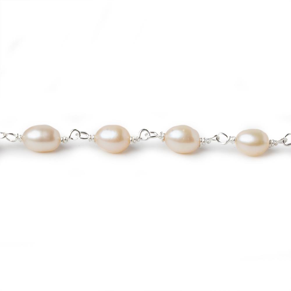7x5mm Salmon Pink Oval Freshwater Pearl .925 Silver Chain by the foot 25 pearls (ONLINE ORDER ONLY)