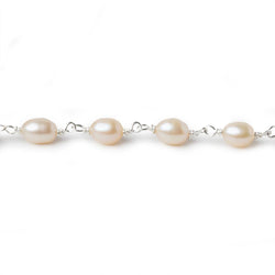 7x5mm Salmon Pink Oval Freshwater Pearl .925 Silver Chain by the foot 25 pearls (ONLINE ORDER ONLY)