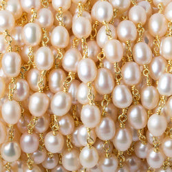 7x5mm Salmon Pink Oval Freshwater Pearl Vermeil Chain by the foot 25 pearls (ONLINE ORDER ONLY)