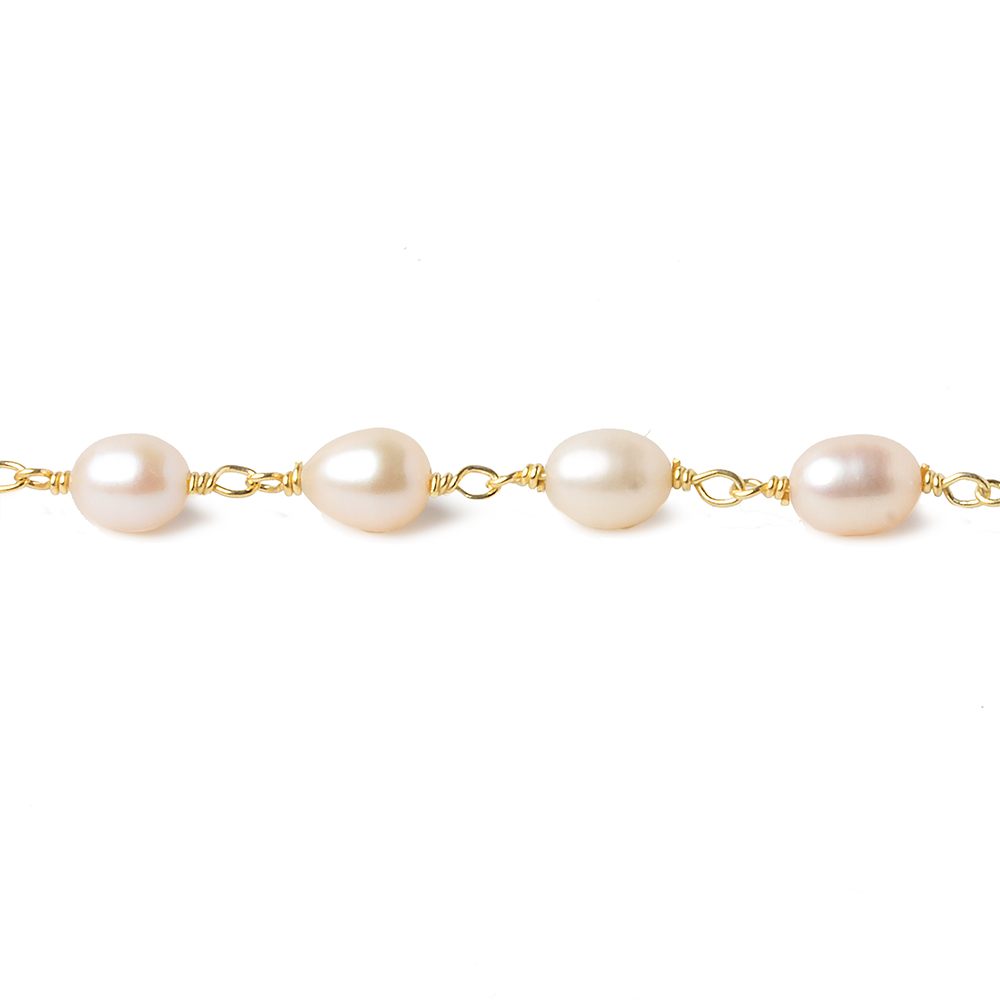 7x5mm Salmon Pink Oval Freshwater Pearl Vermeil Chain by the foot 25 pearls (ONLINE ORDER ONLY)
