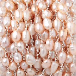 7x6-8x6mm Peach Baroque Pearls on Silver Plated Chain