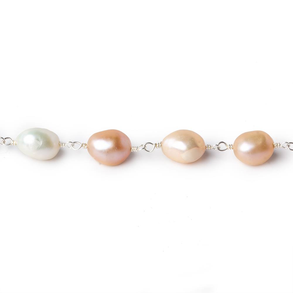 7x8-8x10mm TriColor Baroque Freshwater Pearl Silver .925 Chain by the foot (ONLINE ORDER ONLY)
