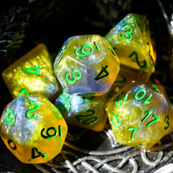 Blue & Yellow w/green Galaxy Glitter 7-Dice Set RPG (Online Only)