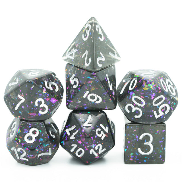 Black Cloud Brocade Powder 7-Dice Dnd Dice | Glitter w/Silver Numbers Set (Online Only)