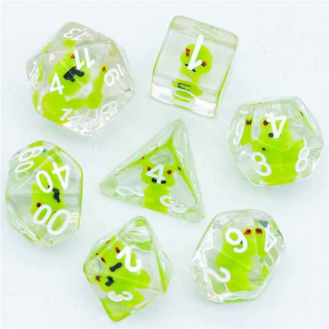 Frog Dice Clear Dice w/ Green Frogs 7-Dice Set Rpg (Online Only)