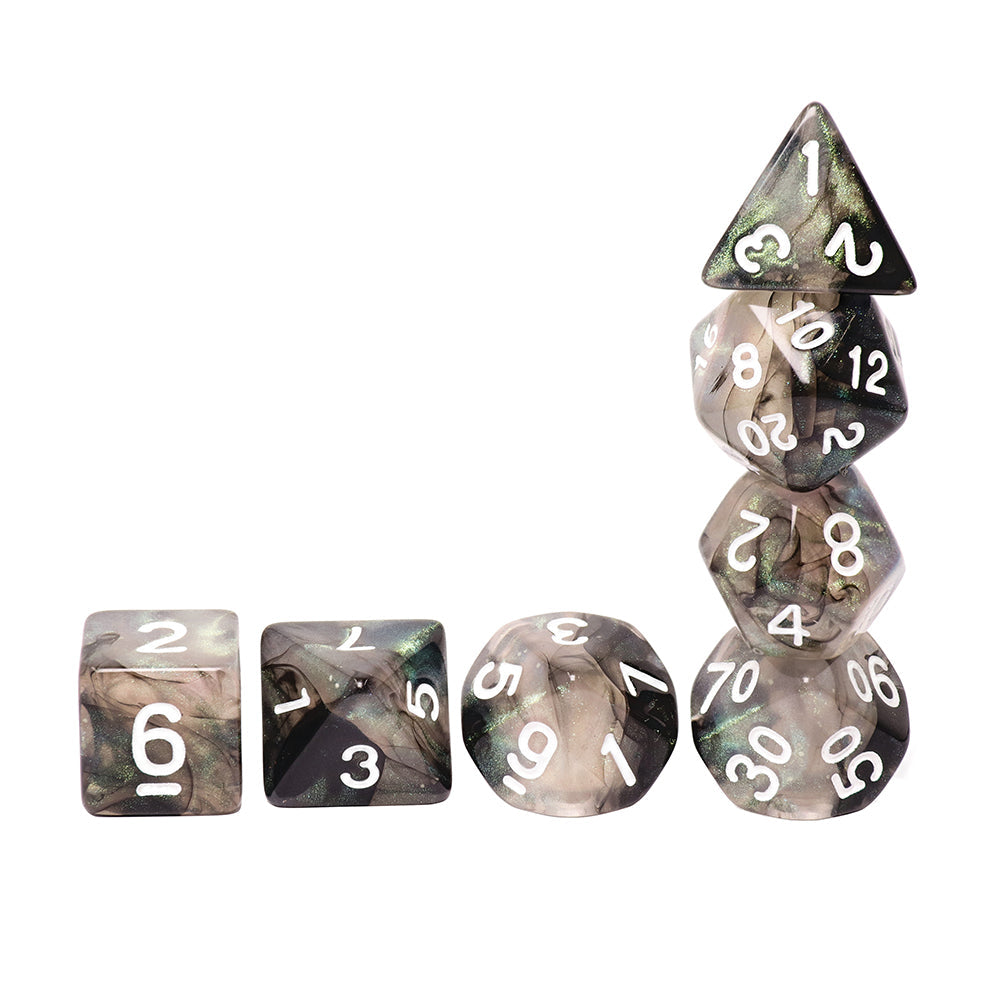 Stellar Explosion 7-Dice Set Black/Silver w/White Numbers Dnd Dice Set (Blacklight reactive) (Online Only)