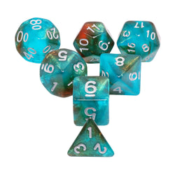 Neverland 7-Dice Set Teal/Orange w/Silver Numbers Dnd Dice Set (Blacklight reactive) (Online Only)