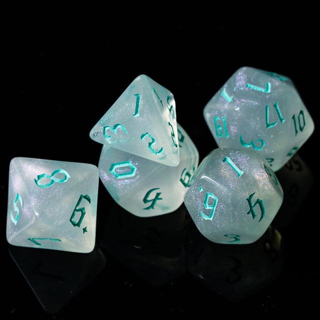 Glitter Party White Glitter Dice (Mint font) 7-Dice Set RPG DND (Online Only)