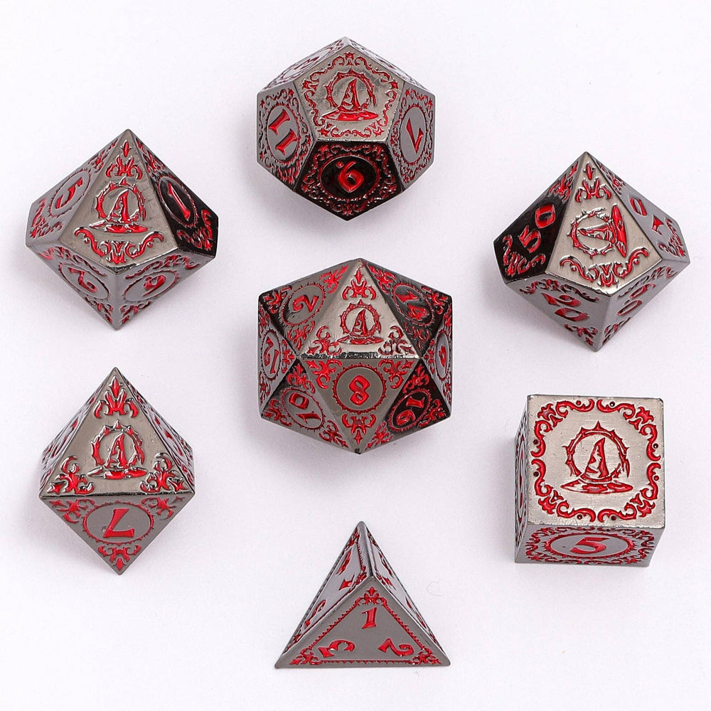 Wizard Solid Metal Polyhedral Dice Set - Gunmetal with Blood (ONLINE ORDER ONLY)