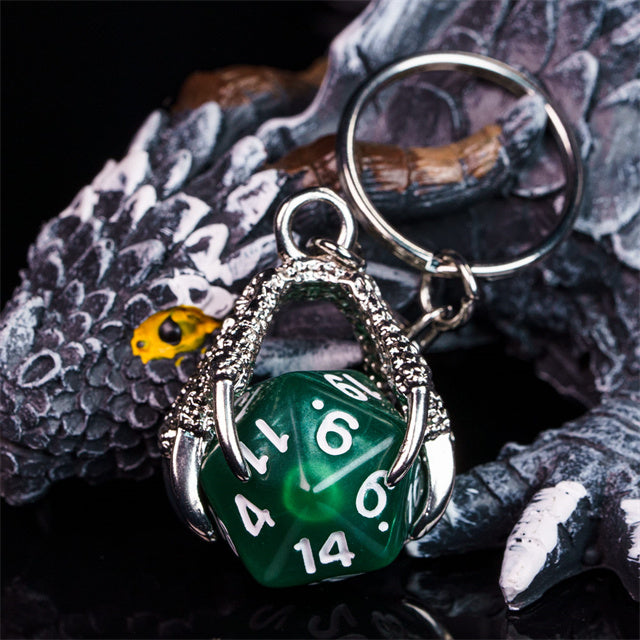 Claw Green D20 Keychain Featuring Silver Metal Dragon Claw + d20 (Online Only)
