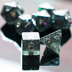 Black Cloud Brocade Powder 7-Dice Dnd Dice | Glitter w/Silver Numbers Set (Online Only)