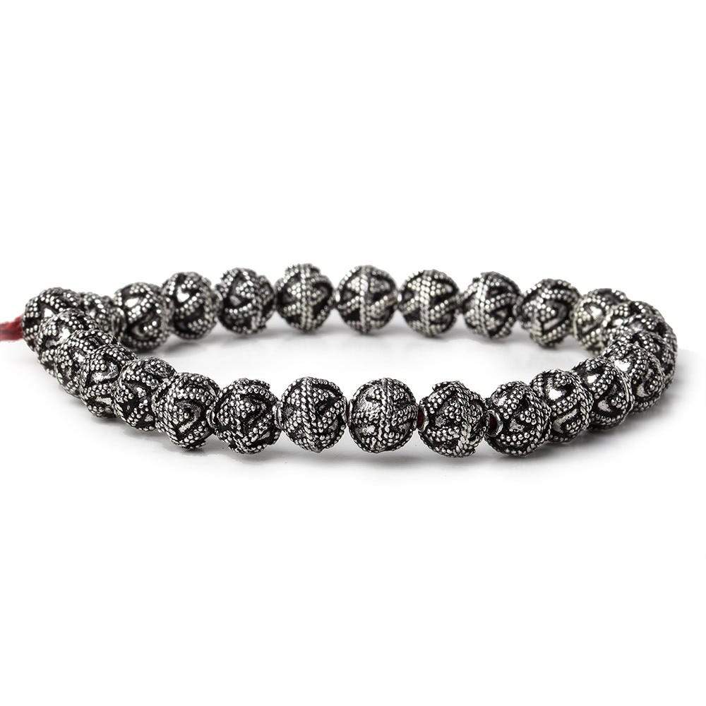 8mm Antiqued Sterling Silver Plated Copper Bead Round, Miligrain Triangles & Swirl 8 inch 28 pieces (ONLINE ORDER ONLY)