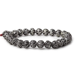 8mm Antiqued Sterling Silver Plated Copper Bead Round, Miligrain Triangles & Swirl 8 inch 28 pieces (ONLINE ORDER ONLY)