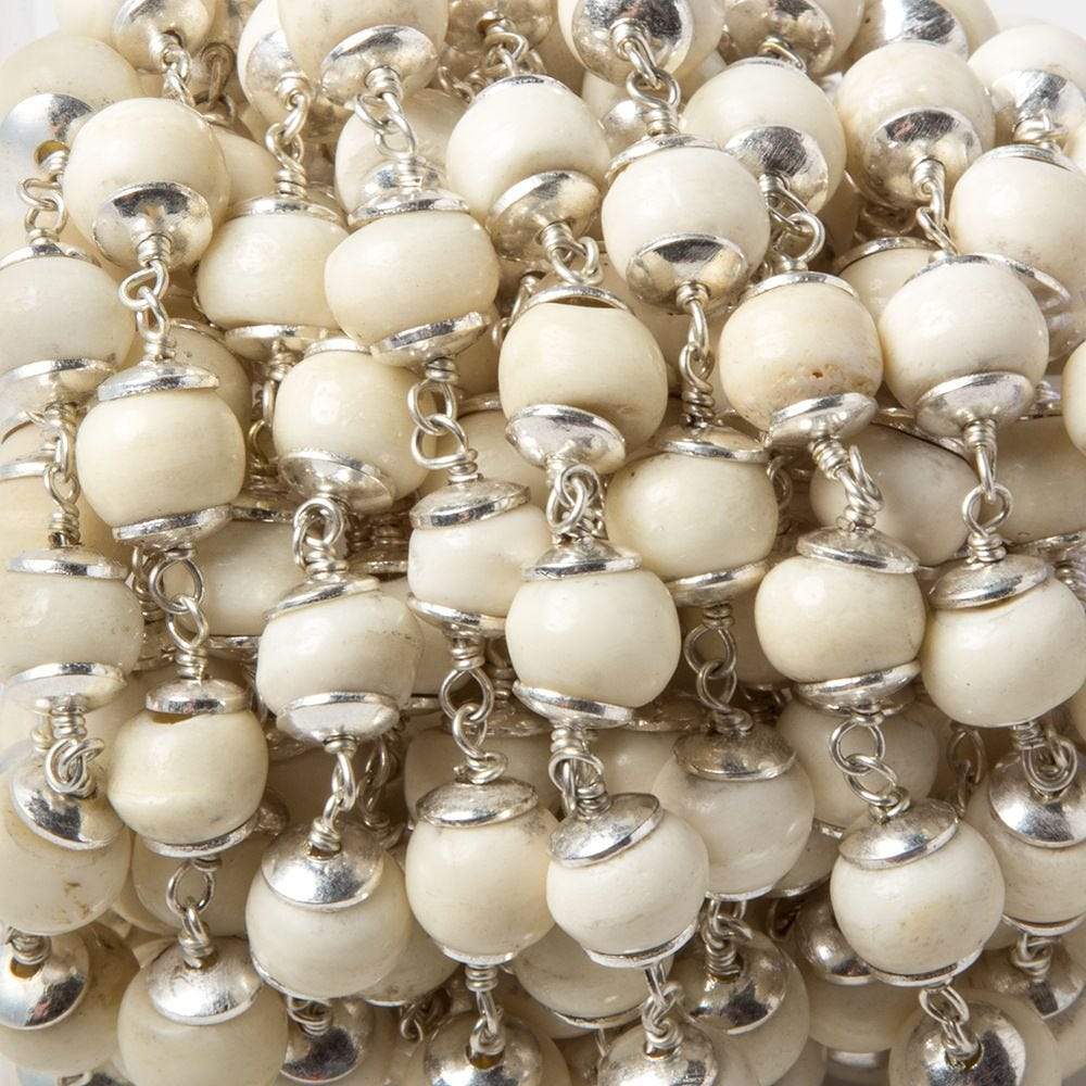 8mm Off White Bone rounds Silver plated Cap and Chain by the foot 19 pieces (ONLINE ORDER ONLY)
