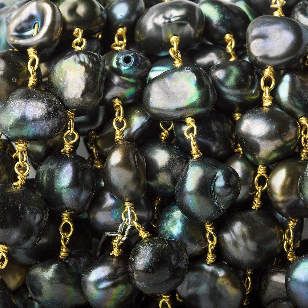 8x8-11x8mm Dark Peacock Baroque Pearl Gold plated Chain by the foot (ONLINE ORDER ONLY)