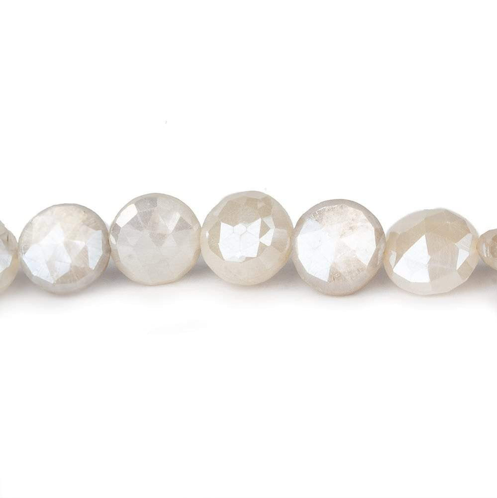 9-10mm Mystic Light White Moonstone faceted coins 14 inch 35 beads