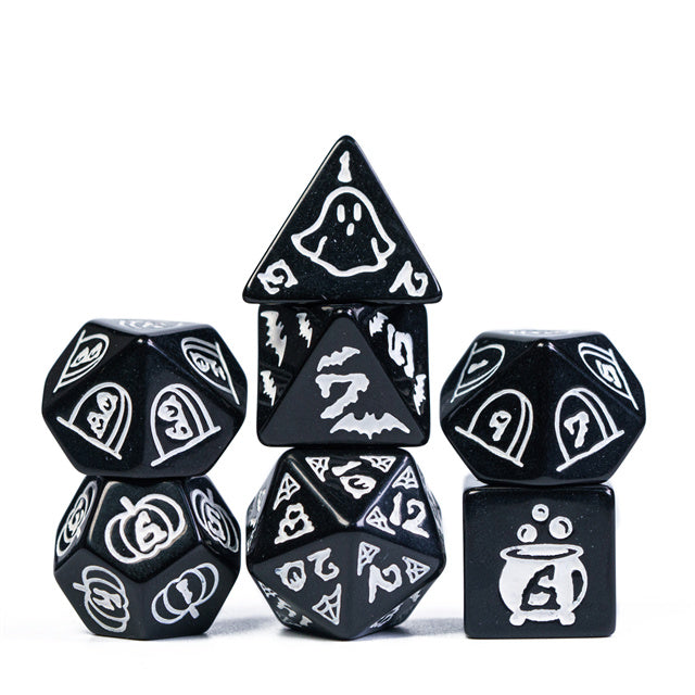 Halloween Black w/White | Pumpkin/Ghost/Bat/Cauldron 7-Dice Set DND (Online Only)