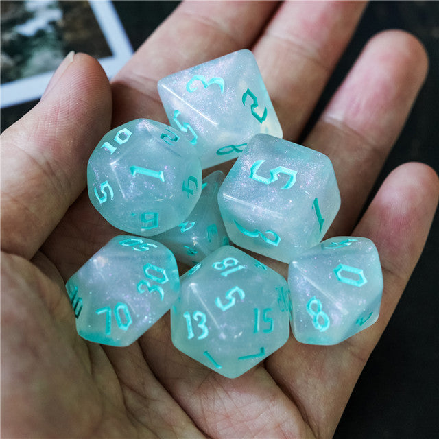 Glitter Party White Glitter Dice (Mint font) 7-Dice Set RPG DND (Online Only)