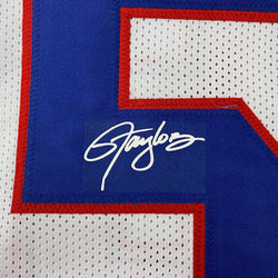 Framed Facsimile Autographed Lawrence Taylor 35x39 New York White Reprint Laser Auto Football Jersey (ONLINE ORDER ONLY)