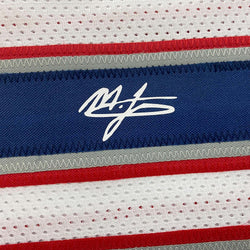 Framed Facsimile Autographed Mac Jones 35x39 New England White Reprint Laser Auto Football Jersey (ONLINE ORDER ONLY)