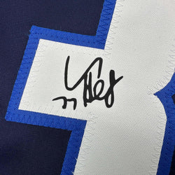Framed Facsimile Autographed Connor Hellebuyck 35x39 Winnipeg Blue Reprint Laser Auto Hockey Jersey (ONLINE ORDER ONLY)