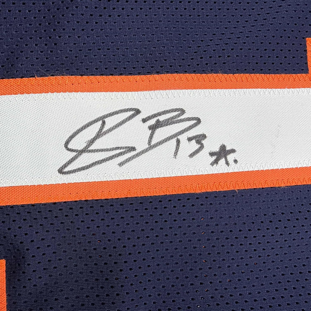 Framed Autographed/Signed Pat Bryant II 35x39 Denver Blue Pro Cut Football Jersey JSA COA