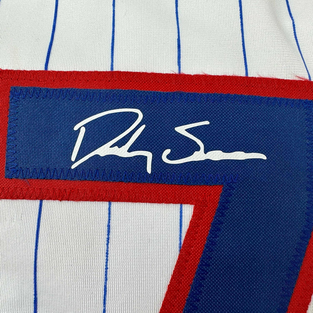 Framed Facsimile Autographed Dansby Swanson 35x39 Chicago Pinstripe Reprint Laser Auto Baseball Jersey (ONLINE ORDER ONLY)