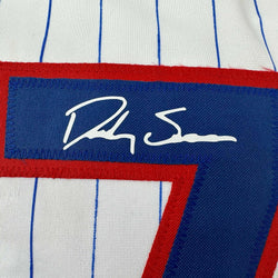 Framed Facsimile Autographed Dansby Swanson 35x39 Chicago Pinstripe Reprint Laser Auto Baseball Jersey (ONLINE ORDER ONLY)