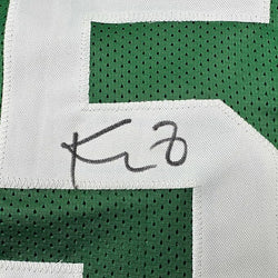 Framed Autographed/Signed Kevin Garnett 35x39 Boston Green Stat Basketball Jersey Beckett BAS COA