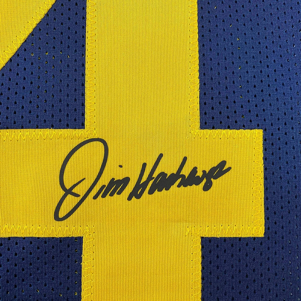 Framed Facsimile Autographed Jim Harbaugh 35x39 Michigan Blue Reprint Laser Auto College Football Jersey (ONLINE ORDER ONLY)