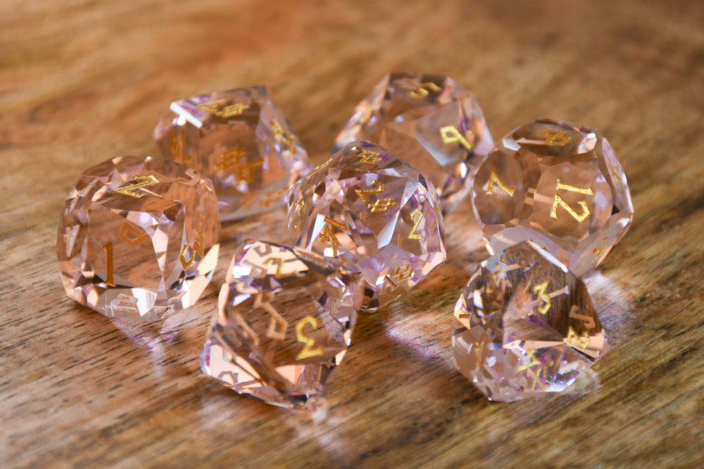 Baby Pink Topaz Multifaceted Glass Dice Set (ONLINE ORDER ONLY)