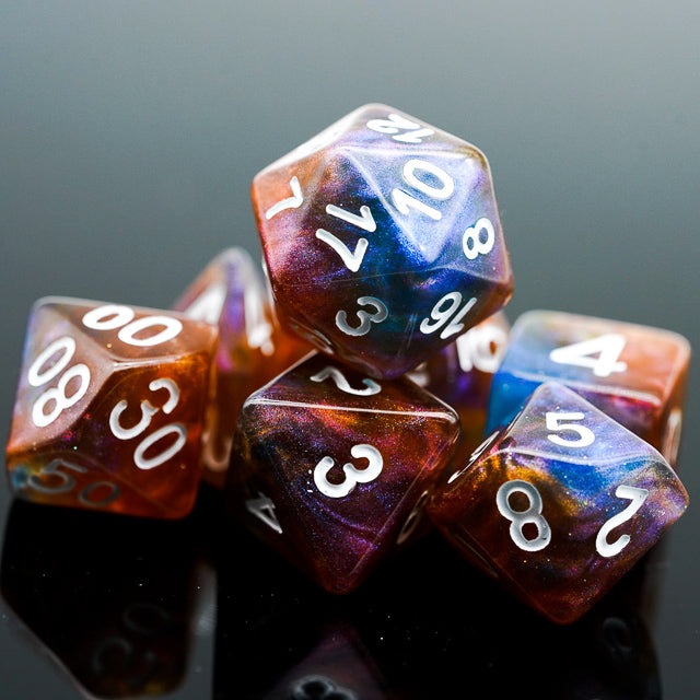 Brown & Blue w/white Galaxy Glitter 7-Dice Set RPG (Online Only)