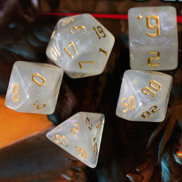 Glitter Party White Glitter Dice (Gold font) 7-Dice Set RPG DND (Online Only)
