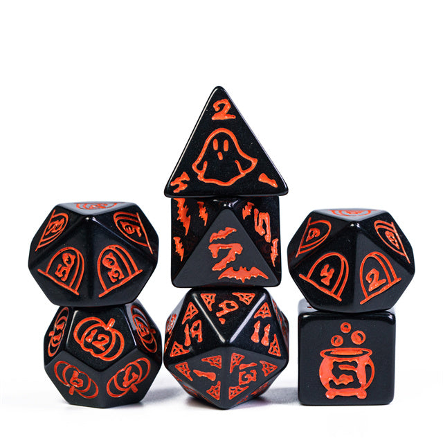 Halloween Black w/Orange | Pumpkin/Ghost/Bat/Cauldron 7-Dice Set DND (Online Only)