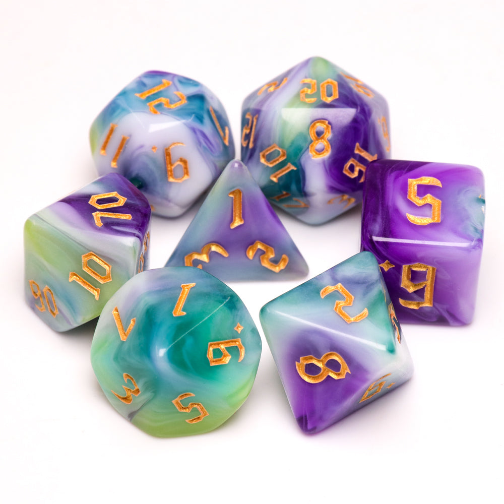 Siberian Iris 7-Dice Set Purple/White/Green w/Gold Numbers Dnd Dice Set (Online Only)