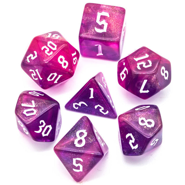 Purple + Red Glitter Party Dice (White font) 7-Dice Set RPG DND (Online Only)