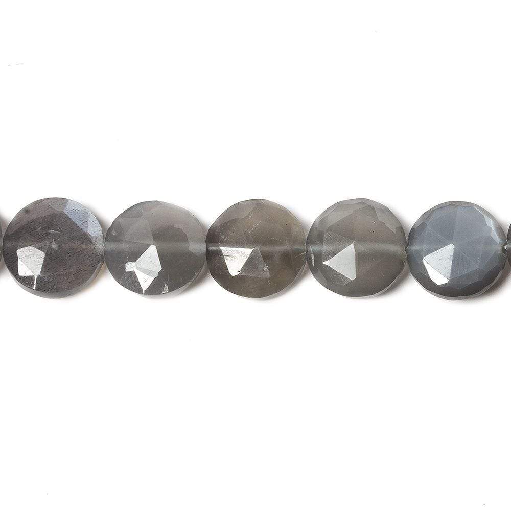 9mm Platinum Dark Grey Moonstone faceted coin beads 8 inch 23 pieces (ONLINE ORDER ONLY)