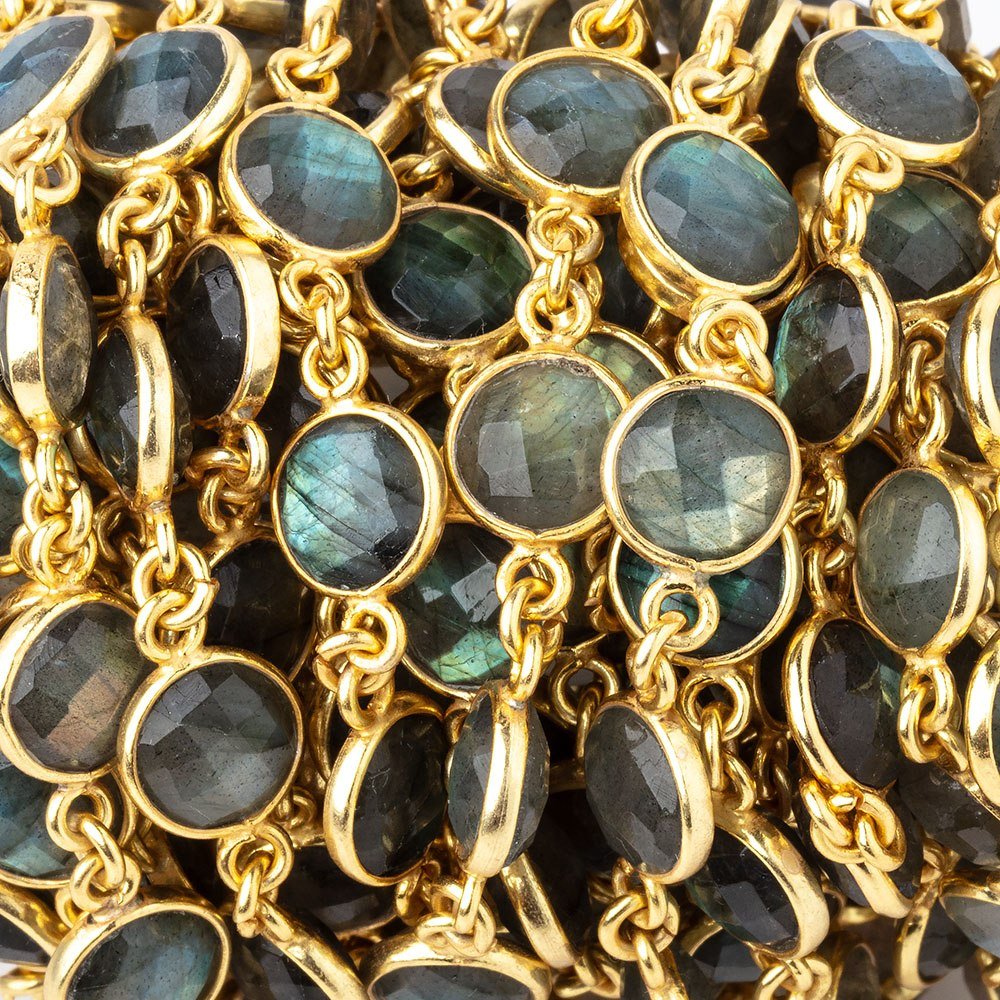 9mm Vermeil Bezeled Labradorite faceted Coin Chain by the foot 18 beads (ONLINE ORDER ONLY)